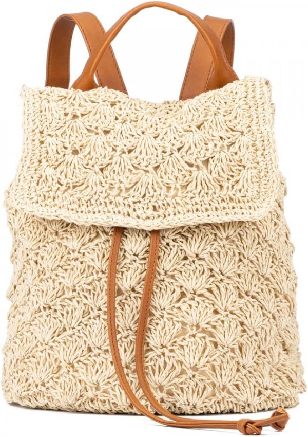 Women's Fashion, Natural Beige Crochet Woven Small Backpack